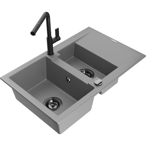 Mexen Gaspar évier en granit 1,5 bac avec égouttoir et robinet de cuisine Flora, gris - 6507-71-670401-70-B (1/5)