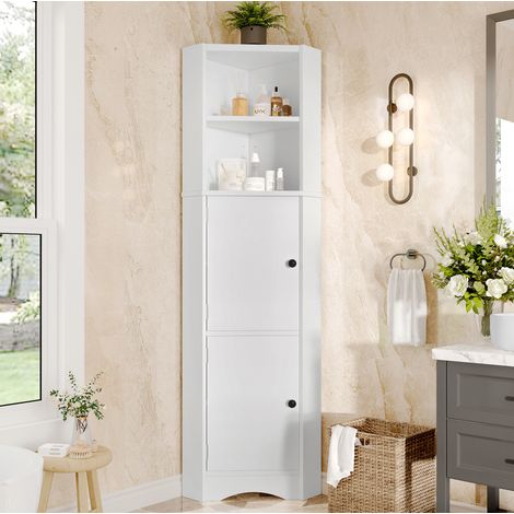 Armario de baño esquinero (51.7x32x155.4 cm), con dos puertas, tres estantes abiertos, MDF blanco lacado (1/5)