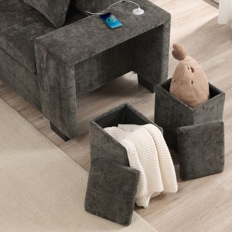 Canapé d'angle convertible en lit, sofa escamotable avec rangement, porte-gobelets, accoudoirs larges, ports USB et USB-C, coussins inclus, idéal salon et home cinéma, gris (1/5)