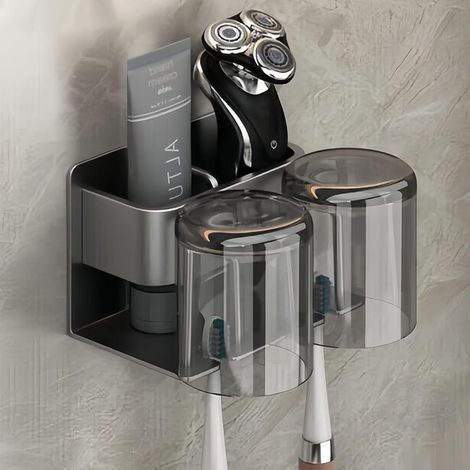 Soporte para cepillos de dientes, soporte de pared para cepillos de dientes sin necesidad de taladrar, con 2 vasos para cepillos de dientes, soporte autoadhesivo para cepillos de dientes eléctricos (1/5)