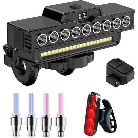 Ensemble d'éclairage pour vélo (avant, arrière et embout de gaz) avec 9 LED rechargeables, klaxon et lampe torche. Accessoires pour vélo. (1/5)