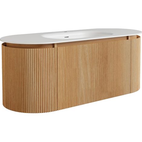Vente-Unique – Meuble de salle de bain suspendu en bois de frêne avec vasque à encastrer en résine blanc mat – Naturel clair – 120 cm – Soft close (1/4)