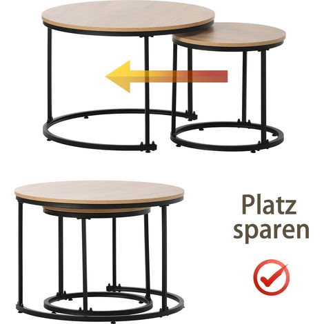 Table basse ronde, lot de 2, table basse de salon, table d'appoint ronde en boîte, 2 tables d'appoint rondes (chêne) (1/4)