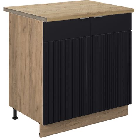 Mobile lavello cucina Fame-Line, Nero a righe, 80 cm con ripiano, PL Rovere, Vicco