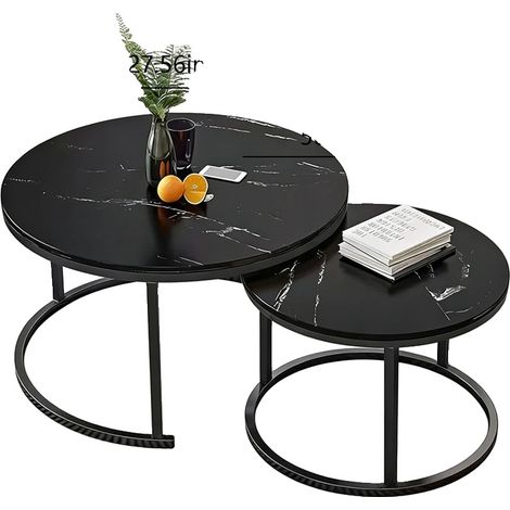 Table basse, design rond, style moderne, Cadre noir,-Marbre noir (1/2)