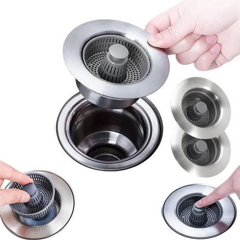 Lot de 2 filtres anti-odeurs 3 en 1 pour évier, bouchon de vidange, panier de crépine, bouchon d'évier en acier inoxydable