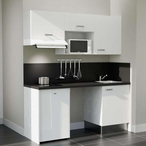Kitchenette K55L-PT - 180 cm - plan stratifié, évier inox, - Façade Blanc - Plan Noir texturé - Evier Inox - Crédences Oui + Electroménager inclus coloris Blanc (1/5)
