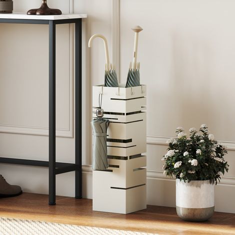 Portaombrelli Quadrato in Metallo con Vassoio Antigoccia Rimovibile e 4 Ganci, 15.5x15.5x49 cm, Beige