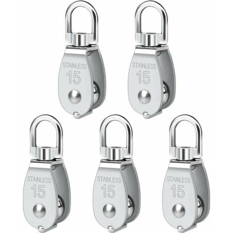 Poulie Simple Pivotante 5 Pièces M15 Poulie Simple en Acier Inoxydable Robuste Poulie Simple Bloc Lisse Rouleau de Chargement 35 KG pour Corde de Levage Câble Corde à linge (1/5)