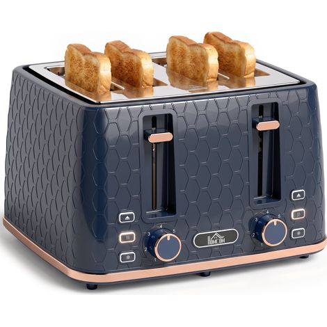 HOMCOM Toaster with 4 Slot, 7 Browning Levels, 1860W, Honeycomb, Dark Blue
