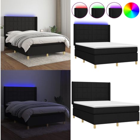 Sommier à lattes de lit matelas et LED Noir 140x200 cm Tissu - Sommier Tapissier - Lit Avec Led - Matelas À Ressorts Ensachés - Tête De Lit Ajustable - Éclairage LED - Home & Living (1/5)