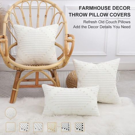 Lot de 2 housses de coussin d'extérieur style bohème 45 x 45 cm, décoratives pour canapé, salon, beige et blanc crème