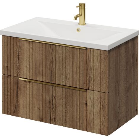 Helix 460 Fluted Tobacco Oak 800mm Wall Mounted 2 Drawer Vanity Unit with Glide Basin