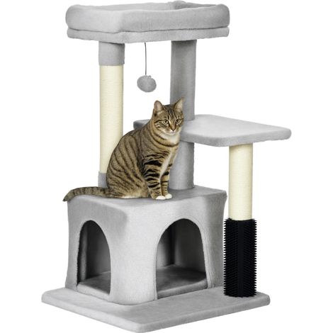 Arbre à chat 85 cm avec coin massage, niche, couchage, plateforme et griffoir en sisal, gris clair. produit de qualité avec garantie satisfait ou remboursé