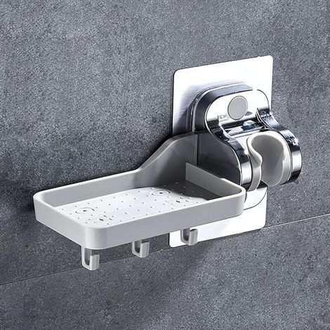 Support de pommeau de douche réglable, porte-savon mural avec 3 crochets, support adhésif puissant, support pour flexible de douche, matériau POM, argent