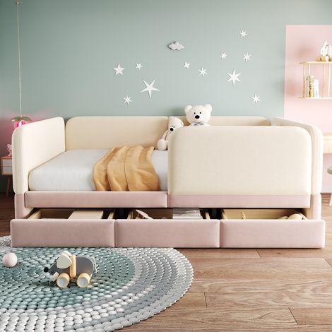 Lit enfant capitonné 140 x 200 cm avec barrière de sécurité périphérique et coins arrondis, avec tiroir de rangement, tissu velours rose (sans matelas) (1/5)
