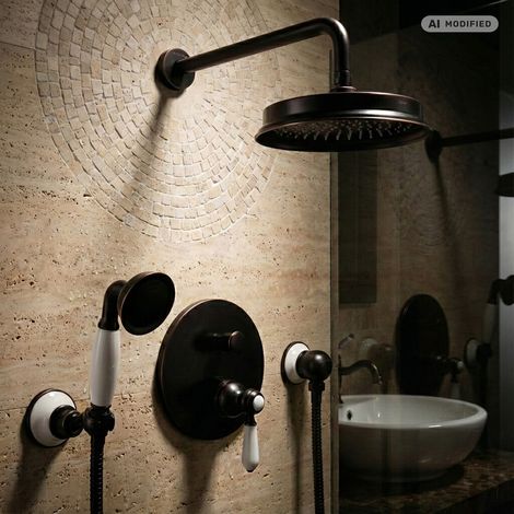 PaulGurkes Ensemble de douche rétro noir encastré avec douche pluie (1/5)