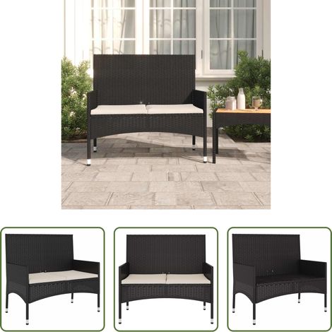 Terrassenbank - Gartenbank 2-Sitzer mit Kissen Schwarz Poly Rattan (1/5)