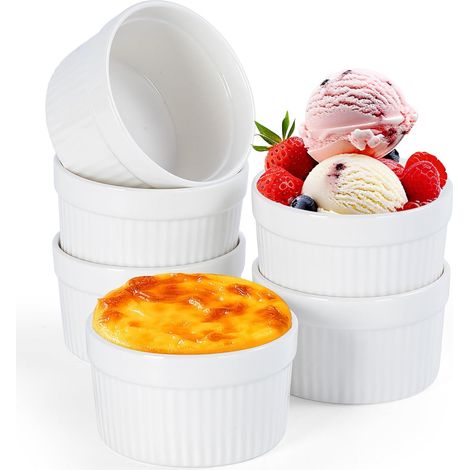 FoiiLiio Lot de 6 moules à soufflé,200 ml en céramique, mini bols en porcelaine pour crèmes cuites, bols en céramique pour crèmes brûlées, résistants au four, blanc, rond (1/5)