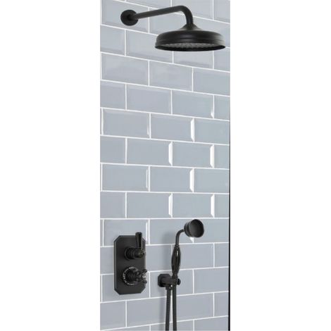 Milano Elizabeth 2 Outlet Twin Diverter Thermostatic Mixer Shower Valve with Hand Shower Handset and Round Rainfall Shower Head - Black
