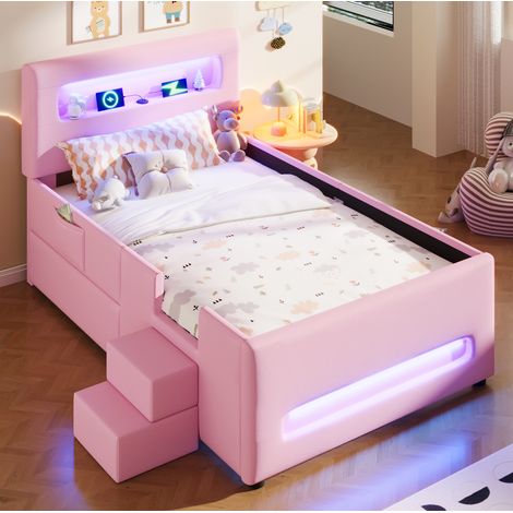 Letto piattaforma 90x200 cm rosa in PU e MDF con cassetto, LED e scala (1/5)