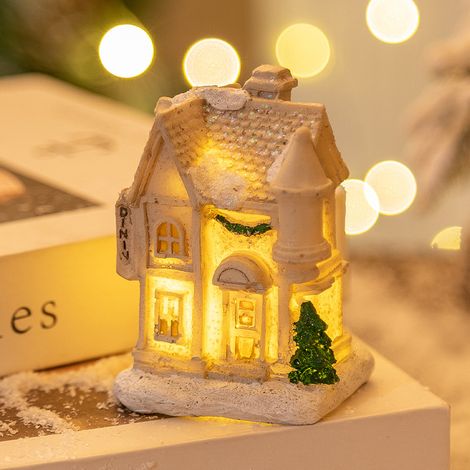 Décoration de Noël en résine avec maison miniature lumineuse LED, maison de village de Noël, décoration festive intérieure, style H