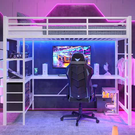 Lit mezzanine 90x200 cm, cadre métal + MDF, éclairage LED télécommandé, bureau avec prise et USB, 3 tiroirs et rangements, Sécurité optimale, Blanc (1/5)