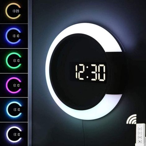 Horloge Murale Légère à LED, 7 Couleurs Peuvent être Ajustées Affichage De La Température Alarme Réveil, Salon Chambre Décorations (1/5)