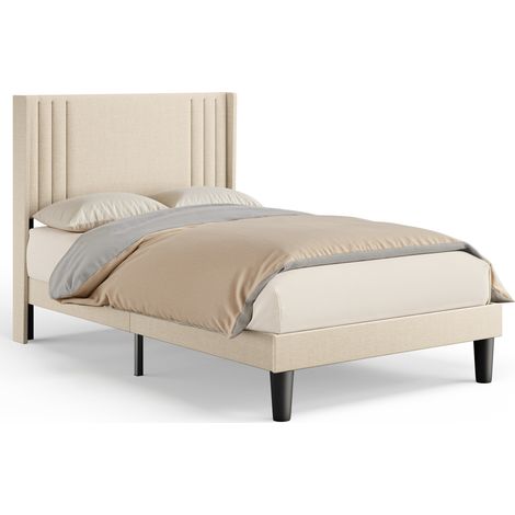 Cama Individual Acolchada 120x200 cm con Cabecero con Almacenamiento, Somier de Láminas Bealife en Tela de Lino para Niños y Adolescentes Color Amarillento