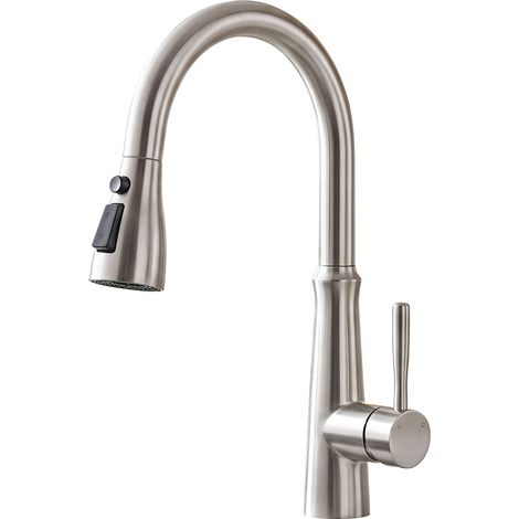 Robinet Cuisine, Douchette Extensible Mitigeur, 360° d'Évier à Arc Élevé Haute Pression Pulvérisateur 2 Modes de jet d'eau, Nickel brossé (1/5)