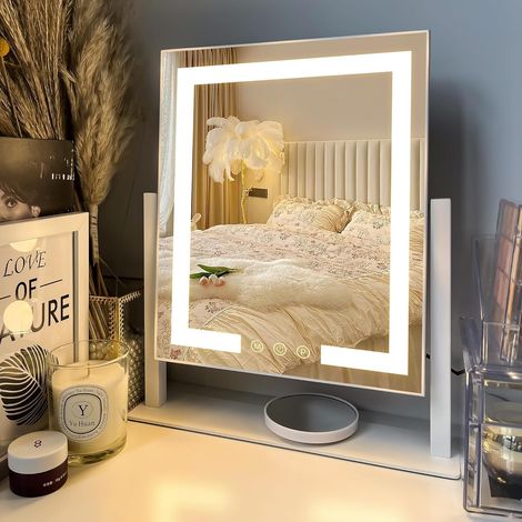 Miroir de Maquillage avec lumières, Miroir de Table 30x36 cm, 3 Modes d’éclairage réglables par capteur Tactile, Miroir grossissant Amovible 15X (Petit miroi Rond), Cadre en métal (1/5)