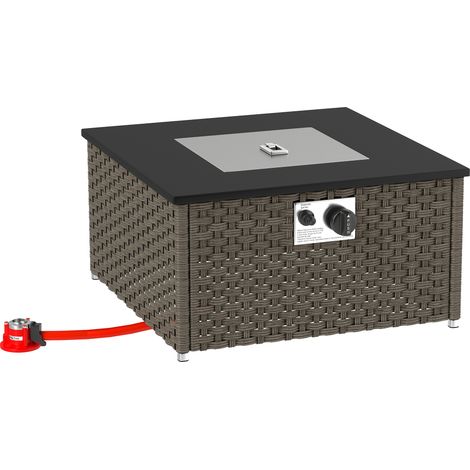 Rattan Gas Fire Pit Table for Garden, 13 KW Smokeless Propane Fire Pit  Lid, Square Garden Coffee Table  Patio Heater for Outdoor, Patio, 58 x 58 x 33 cm, Grey (1/5)