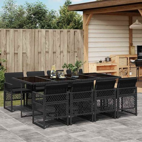 9-tlg. Garten-Essgruppe mit Kissen Schwarz Poly Rattan (1/5)
