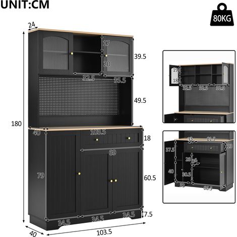 Vitrina con puerta, mueble de cocina, armario alto, estantes ajustables, chapa perforada, negro, 103,5 × 40 × 180 cm (1/5)