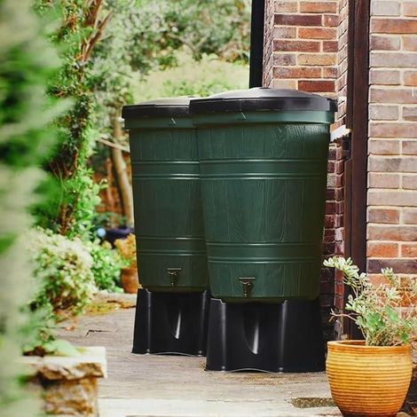 Set of 2 x 200L Water Butt Kit 400L Green with Stands & Linking Kit
