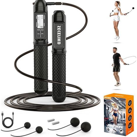 Corde à Sauter Intelligent - Affichage LED - Compteur de Sauts - Câble Acier Réglable 3 M - Mode Sans Corde avec Boules EVA - Rechargeable USB-C - Pour Entraînement Maison HIIT Cardio (1/3)
