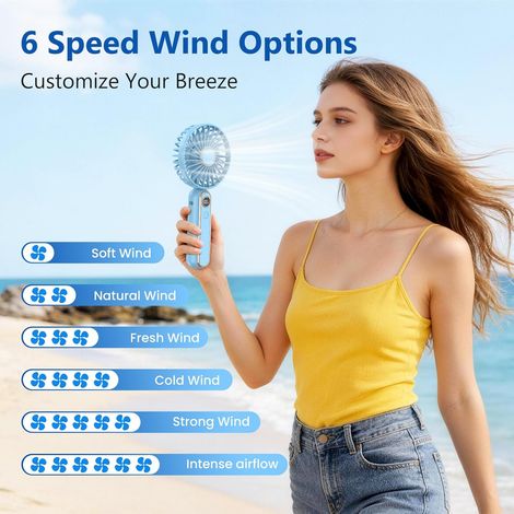 Ventilateur Portable, 6 Vitesses Mini Ventilateur a Main Silencieux avec Écran LED, USB Rechargeable, Petit Ventilateur de Poche pour Voyage, Bureau, Domicile, Extérieur, Camping