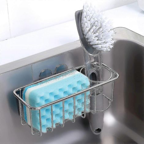 Spülbeckengeeigneter Schwammhalter – Spülbeckengeeigneter Schwammhalter, 2-in-1-Bürstenhalter, Schwammhalter aus Edelstahl 304, rostfrei und wasserdicht (1/5)