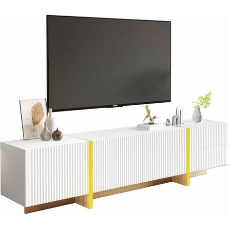 Meuble TV 190cm, 3 portes 2 tiroirs blanc or et veinage bois Meuble TV avec rangement (1/5)