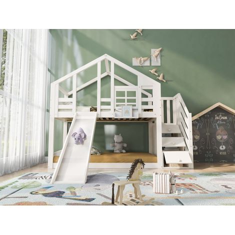 (Kinderbett Baumhaus 90 x 200 cm) Litrage pour enfants en forme de fenêtre, avec rampe et protection contre les chutes. Couleur blanche, deux barres de soutien (sans matelas). (1/5)