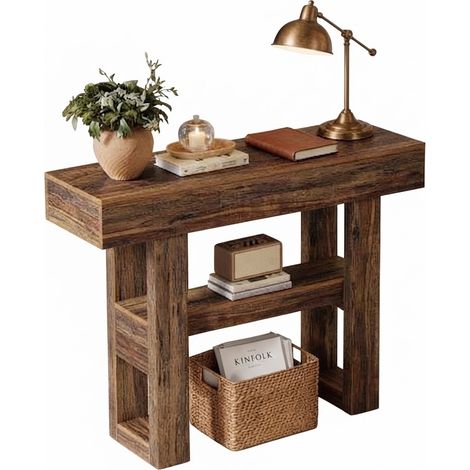 ELVMI Consola con 2 Niveles y Patas Regulables, Mesa Auxiliar de Estilo Rústico para Recibidor y Salón (1/5)