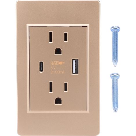 Prise murale avec port USB et port de type C, prise électrique ignifuge PC 15A pour la maison, prise US dorée (1/5)