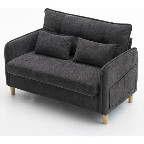 Sofá de 2 plazas de 127 cm en tejido chenilla gris oscuro con reposabrazos y bolsillos laterales (1/5)