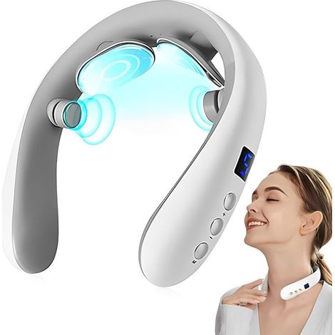 Wärmendes Nackenmassagegerät – Elektrisches Impuls-Nackenmassagegerät – Kabelloses intelligentes Nackenmassagegerät – Infrarot – Nacken- und Schultermassagegerät – Weiß (1/4)