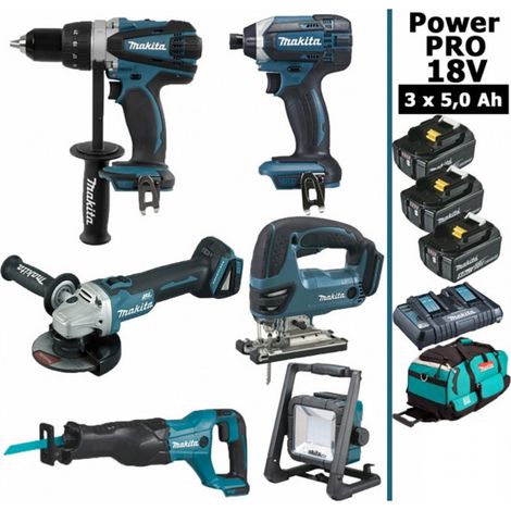 Pack Makita Power PRO 6 outils 18V: DDF458 + DGA504 + DTD152 + DJV180 + DJR186 + Projecteur + 3 batt 5Ah + sac (1/5)