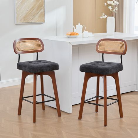 MODFU – Set di 2 sgabelli da bar girevoli 360° in ciniglia con schienale in rattan intrecciato, poggiapiedi, schiuma ad alta densità e base rinforzata, carico 150 kg – Nero (1/5)