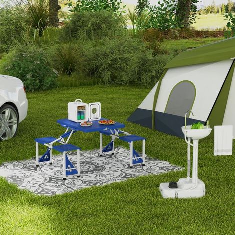 Lavabo portátil (51x33.5x103 cm), con ruedas, bomba de pie, depósito de 17 L, HDPE, blanco (1/5)