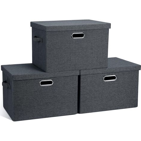 Graciadeco grands bacs de rangement pliables empilables 17" 36 pintes avec couvercles, lot de 3, boîtes de rangement de placard en tissu pliable gris foncé avec couvercles, paniers cubiques en lin rob (1/5)