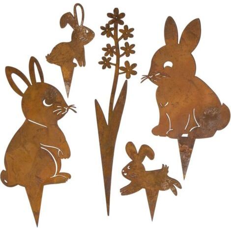 Pair Panneaux de Jardin Pâques - Lot de 5 - Décoration Lapins en Fer Rouillé, Piquets Extérieurs (1/5)