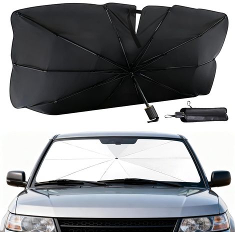 Parasol para parabrisas de coche: ajuste manual estable de múltiples ángulos, protección contra rayos UV y calor con funda de cuero, parasol para coche para sedanes, SUV, monovolúmenes (1/5)